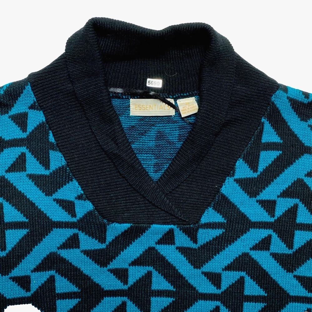 Essentials Sweater Mens M Teal Black Shawl Pullover knit Geometric 80s